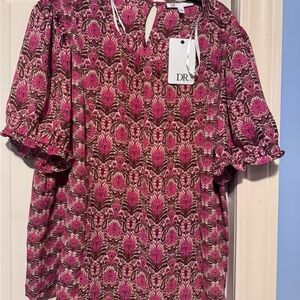 DR2 Pink and Brown Printed Short-Sleeve Blouse
